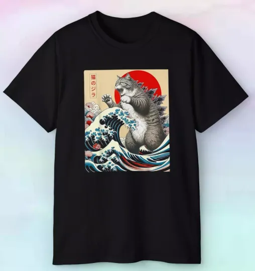 Men's Japanese Catzilla Themed Shirt | Funny Parody Cat Animals