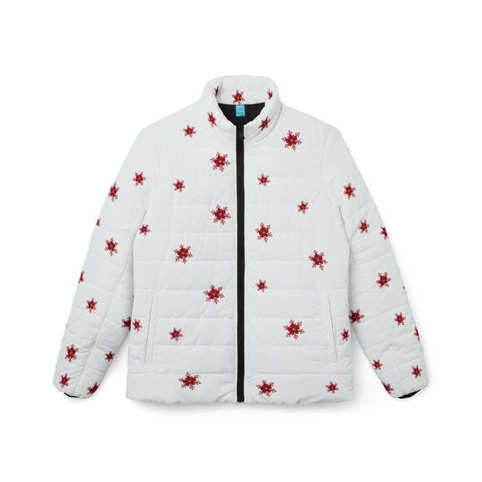Woman Puffer Jacket with Snowflake and Chrismas Flower