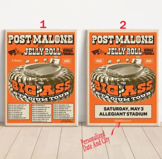Custom Post Malone and Jelly Roll US 2025 Tour Poster