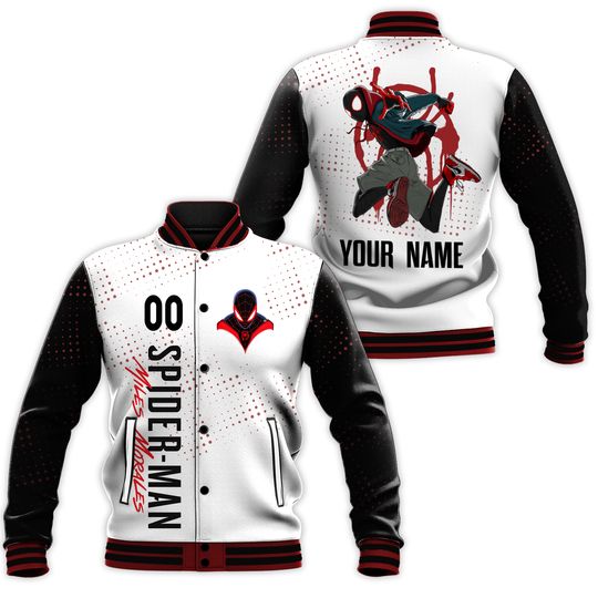 Custom Spiderman Miles Morales White Comic Varsity Jacket, Baseball Outfit,Personalized Jacket, Baseball Team Outfit