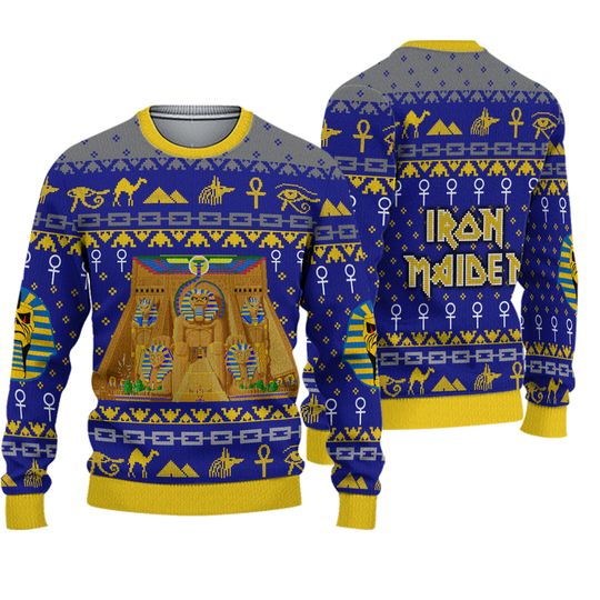 Iron Maiden Powerslave Album Cover Pixel Style With Egypt Ugly Christmas Sweater
