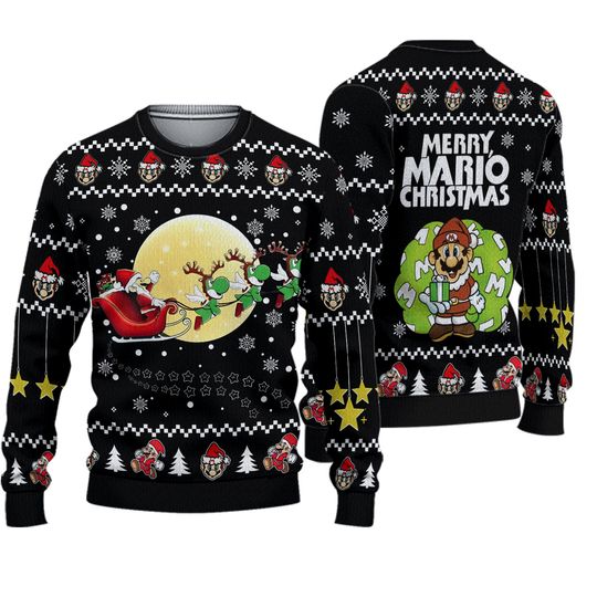 Merry Mario Christmas Ugly Sweater, Super Mario Santa Hat Xmas Sweater, Mario Luigi Toad Yoshi Shirt, Video Gaming Sweatshirt For Men W