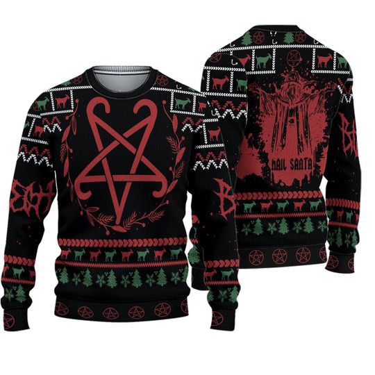 Hail Santa Ugly Christmas Sweater, Metalhead Christmas Gift, Dark Xmas Sweater, Funny Holiday Sweater, Candy Cane Pentagram Sweater