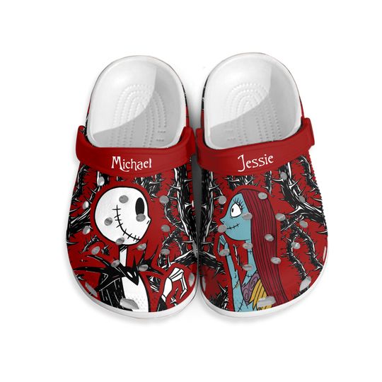 Personalized Jack Skellington And Sally Red Vibes Couple Matching Clogs
