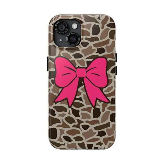 Old School Camo Tough Phone Case with Pink Coquette Bow