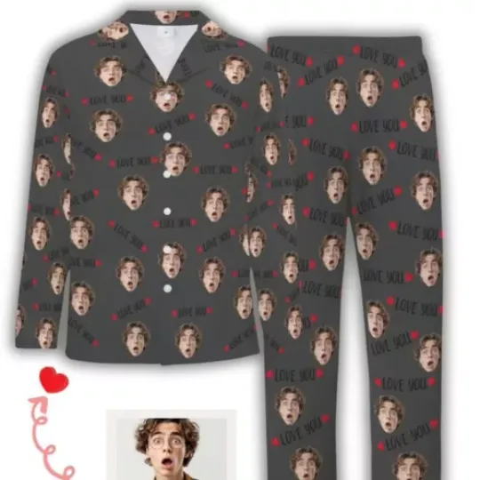 Personalized Custom Face Long Sleeve Pajama Set for Couple , Gift for Valentine
