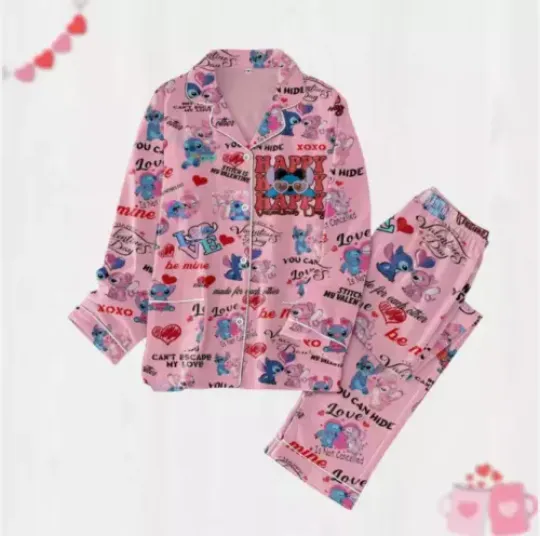 Valentines Day Stitch And Angel Pajamas Set, Ohana Women Pajamas, Gift For Lover