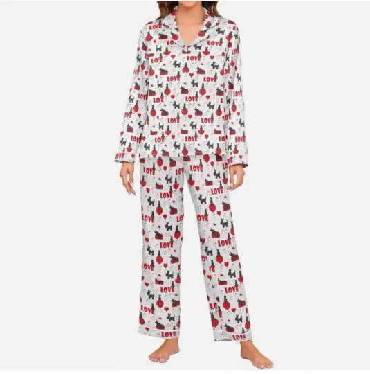 Women's Pajama Set Valentine Dog Heart Balloon Love Long Sleeve Sleepwear