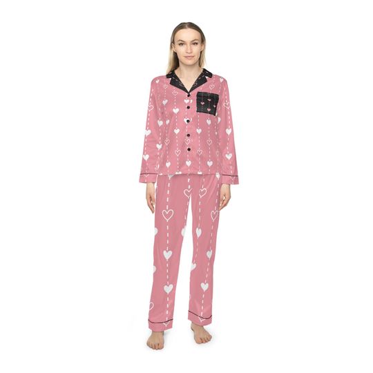 Valentine Hearts Pajamas for Women, Romantic Gift, Heart Print Sleepwear Set, Valentine's Day Lounge Wear