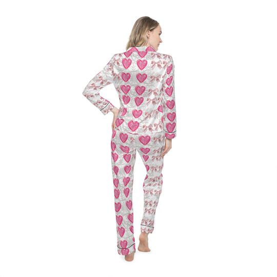 Cute Valentine Pajama Set Women Valentine Heart Pajama Set Family, Valentine's Bow Couple Pajamas, Gift for Girlfriend