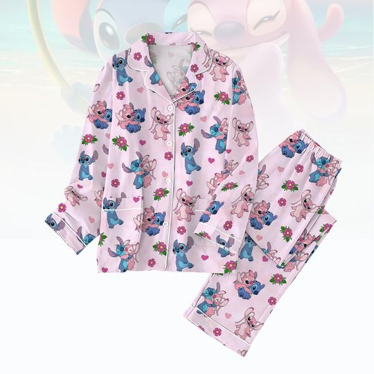 Stitch And Angel Pajamas Set, Disney Holiday Pajamas, Disneyland Trip Shirt, Ohana Women Pajamas, Magic Kingdom Merch, Valentines Gift