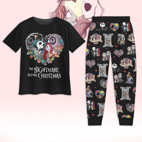 Jack And Sally Pajamas Set, Nightmare Before Christmas Tshirt, Disney Skeleton Womens Pajamas, Disneyland Couple Tee, Valentines Gift