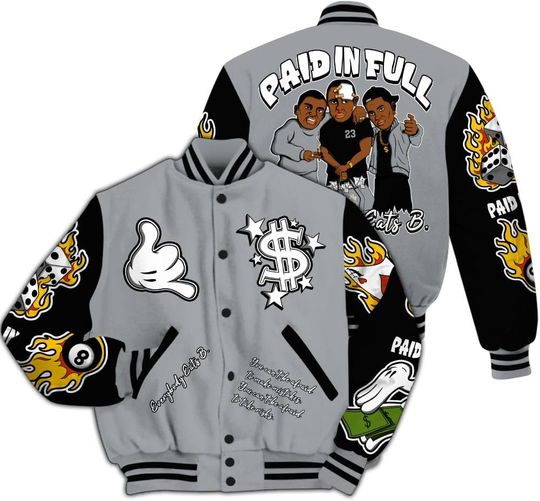 Dunkare Black Wolf Grey 12s Baseball Jacket, Retro Wolf Grey 12 Baseball Jacket, Everybody Paid In Full Graphic Letterman Jackets