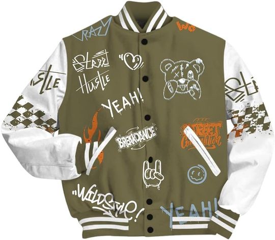 Dunkare Olive 5s Baseball Jacket, No Days Off Retro Varsity Jacket Outfit New