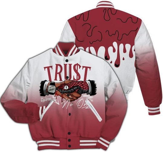 Dunkare Black Toe 14s Baseball Jacket, Retro 14 Black Toe Baseball Jacket, Trust No One Drip Streetwear All Over Print Letterman Jackets