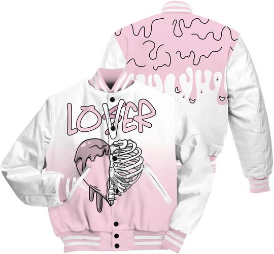 Dunkare Retro Orchid 4s Baseball Jacket, 4 Orchid Pink Baseball Jacket, Money Skull Smile Fire Varsity Jacket
