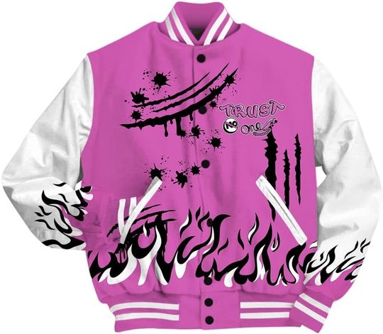 Dunkare Hyper Violet 4s Baseball Jacket, Graphic Trust No One Varsity Jacket Outfit New