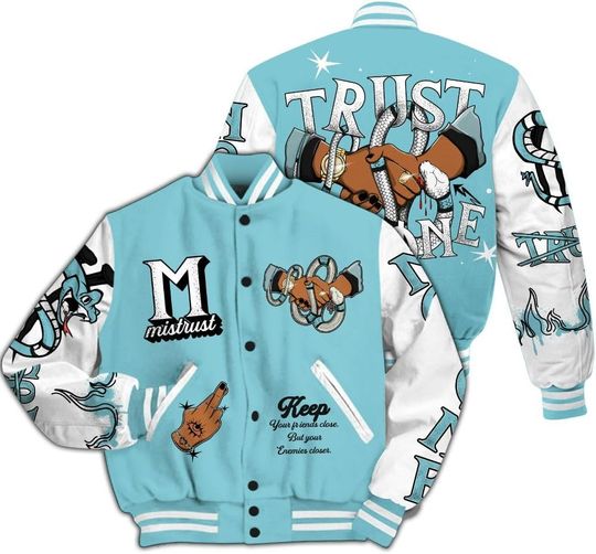 Dunkare Low Legend Blue 11s Baseball Jacket, Trust No One Snake-Bite Street Style All Over Print Letterman Jackets