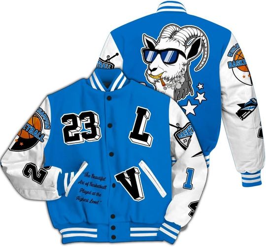 Dunkare Blueberry 12s Baseball Jacket, G.O.A.T Flight Streetwear Graphic All Over Print Letterman Jackets