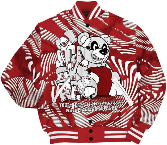 Dunkare Red Taxi 12s Baseball Jacket - Possession Bear Fume Varsity Jacket Unisex New