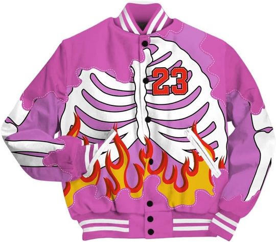 Dunkare Hyper Violet 4s Baseball Jacket, Number 23 Skeleton Flame Baseball Varsity Jacket New