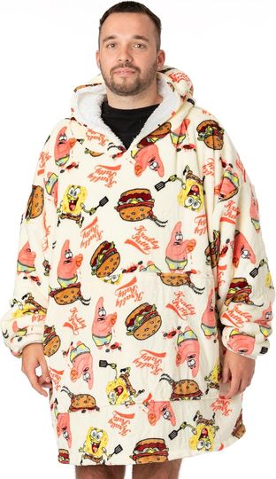 SPONGEBOB SQUAREPANTS Oversized Blanket Hoodie Adults | Mens Women Patrick Plankton Krabby Patty Burger Fluffy Double Lined Sherpa Fleece | One Size Big Pocket Cream