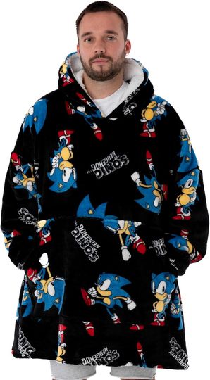 SONIC THE HEDGEHOG Mens Wearable Blanket | Adults Black All Over Print Fleece Hoodie | Cosy 90s Nostalgic Gaming Cartoon Snuggle Hooded Pullover | Game Loungewear Gift for Him