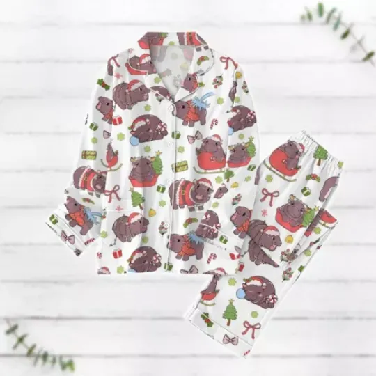 Baby Pygmy Hippo Moo Deng Christmas Pajama Set, Baby Hippo Xmas Pajamas