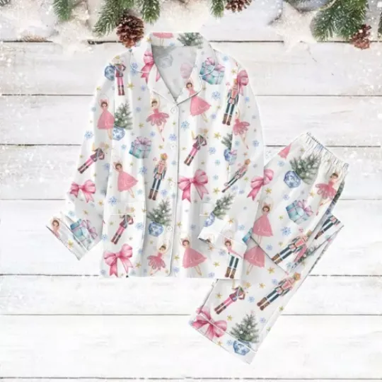 Coquette Nutcracker Christmas Pajamas Set, Pink Fairy Women Pajamas