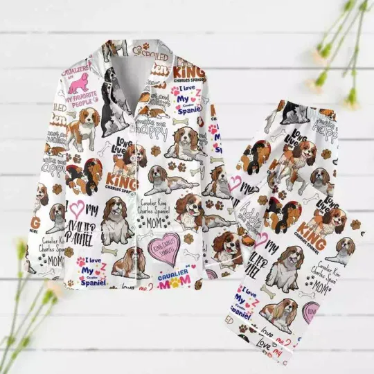 Cavalier King Charles Spaniel Pajamas Set,Dog Mom Gift, Long Sleeve Pyjamas