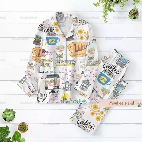 Gilmore Women Pajamas, Luke's Coffee Pajamas Set, Vintage Stars Hollow Pajamas,