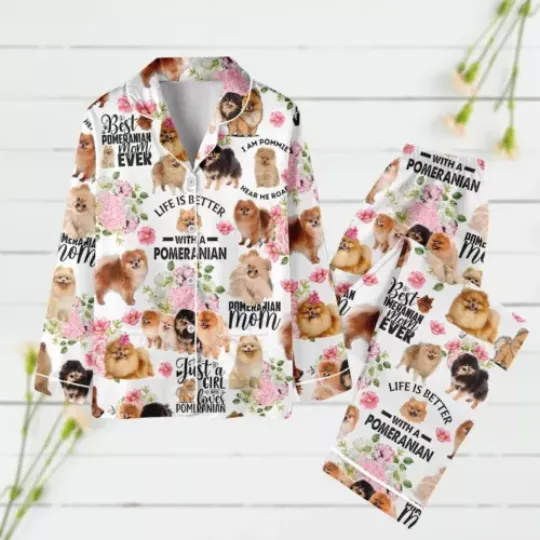 Pomeranian Dog Kids Women Pajamas Set,Pomeranian Dog Gifts, Long Sleeve Pjs