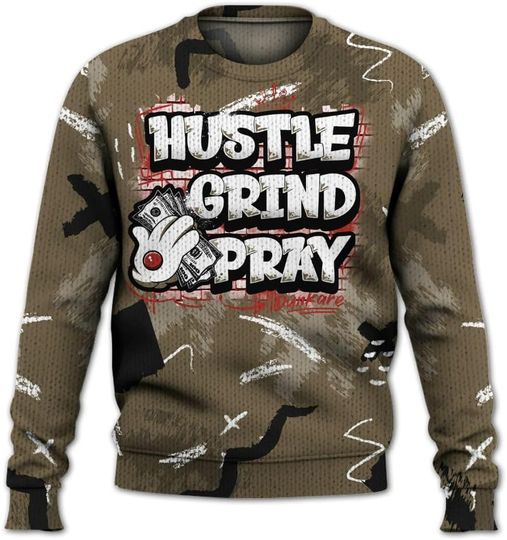 Dunkare Retro Olive 9s Sweater, 9 Olive Hustle Grind Pray Retro Knitted Sweater