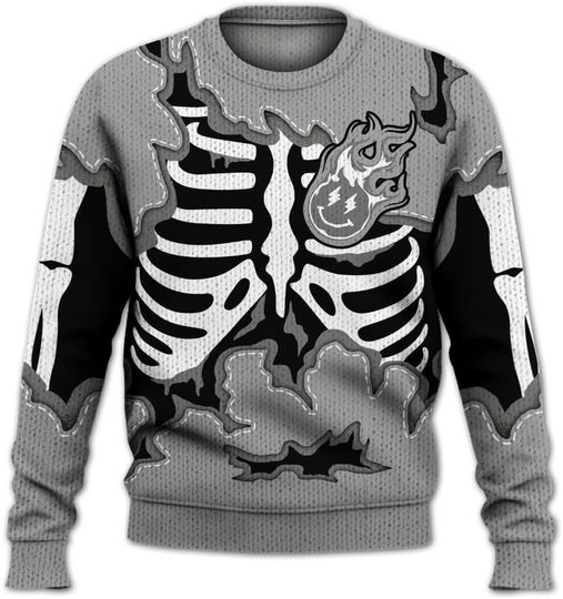 Dunkare Black Wolf Grey 12s Sweater, Dunkare Skeleton On Fire Skrrt Knitted Sweater