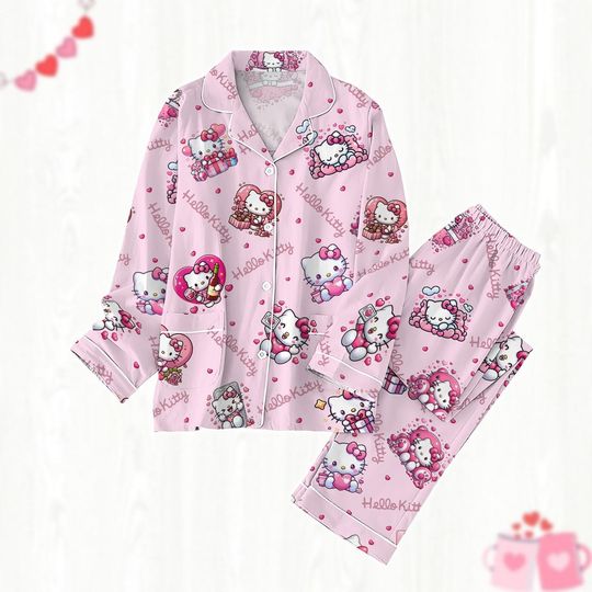 Hello Kitty Pajamas Set, Kitty Cat Shirt, Cute Kawaii Kitties Womens Pajamas