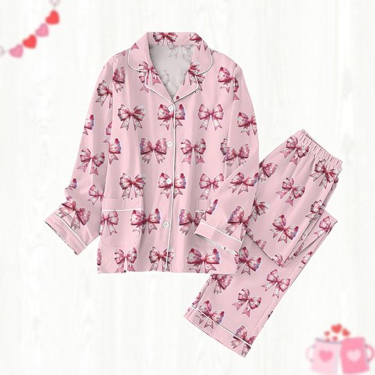 Vintage Pink Bow Pajamas Set, Coquette Trendy Pajamas, Cute Bow Family Pajamas, Sweetie Pajamas, Gift For Friends