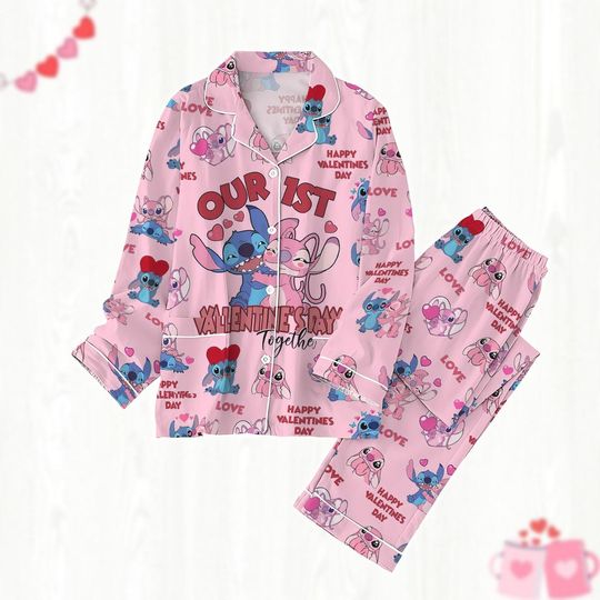 Stitch And Angel Pajamas Set, Our 1St Valentine Day Shirt, Disney Women Pajamas