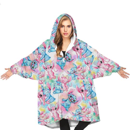Cute Stitch Hoodie Blanket, Lilo & Stitch Cartoon Winter Hoodie Blanket