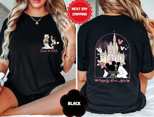 Custom Two-sided Disney Wedding Happily Ever After T-shirt, Wife Husband Honeymoon T-shirt