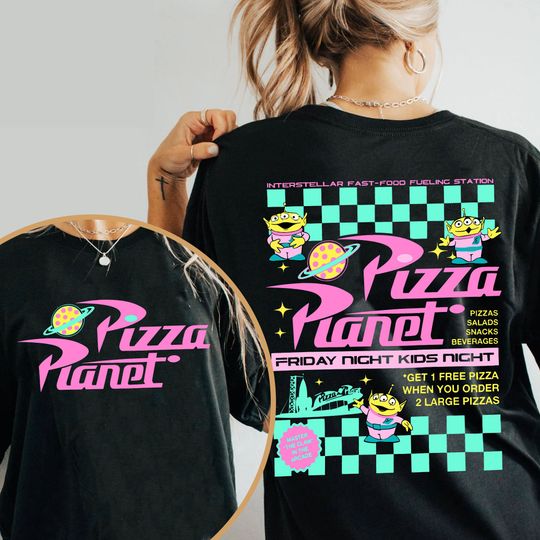 Discover Two Sided Aliens Neon Pizza Planet Take Out Flyer T-Shirt, Toy Story Disney T-Shirt