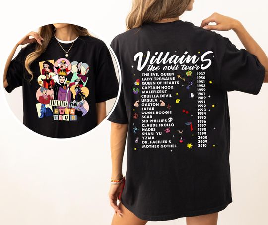 Two-sided Disney Villains The Evil Tour T-Shirt, Evil Queens Ursula Cruella Hades Scar Captain Hook T-Shirt