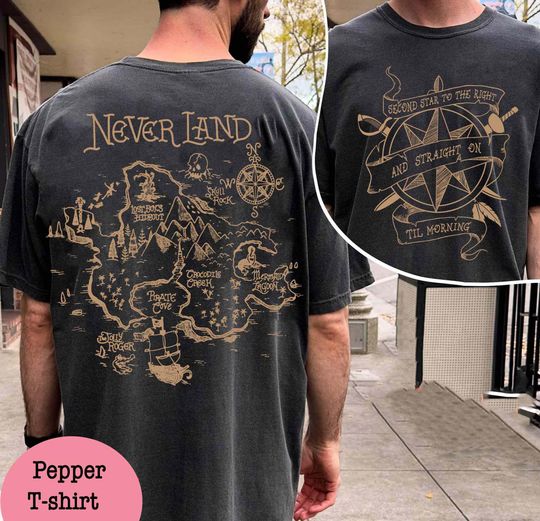 Two Sided Peter Pan Neverland Map T-Shirt, Second Star To The Right Straight on Til Morning T-Shirt
