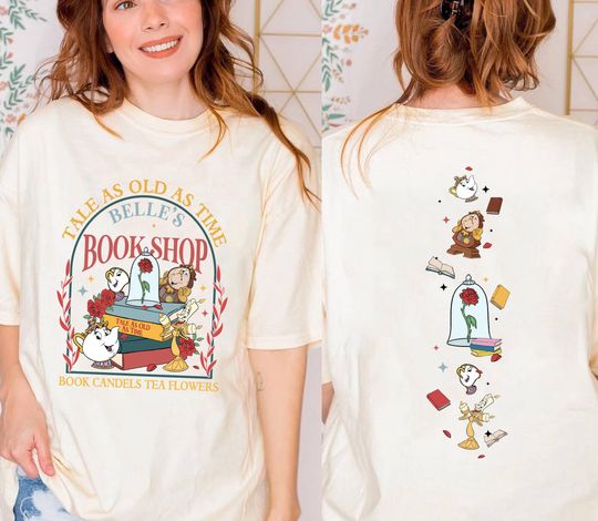 Two sided Vintage Tale As Old As Time Belle's Book Shop T-Shirt, Beauty and The Beast T-Shirt