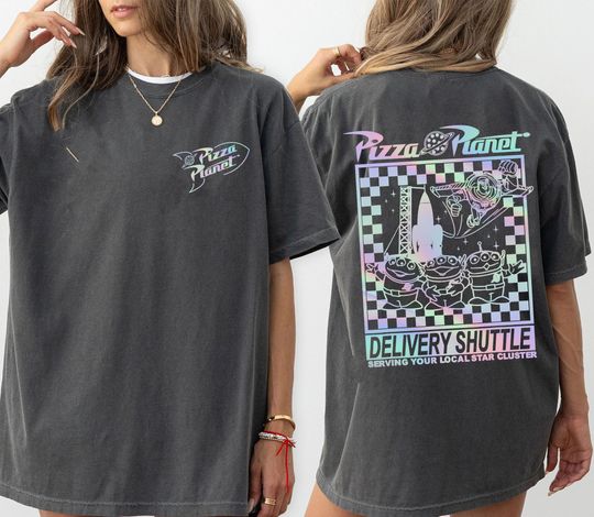 Two sided Pizza Planet Aliens Buzz Lightyear T-Shirt, Disney Pixar Toy Story T-Shirt