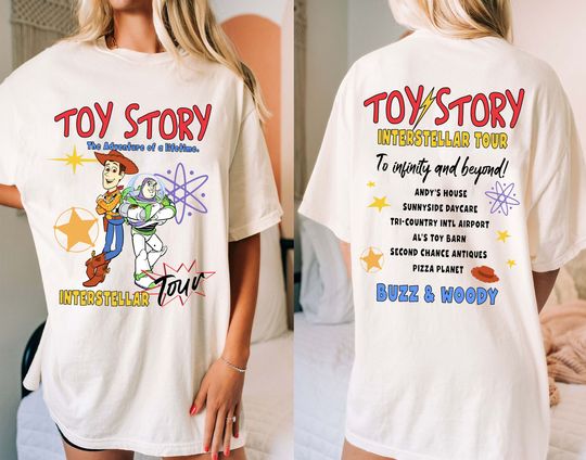 Two Sided Buzz Lightyear And Woody Interstellar Tour Adventure of A Lifetime T-Shirt, Toy Story Disney T-shirt