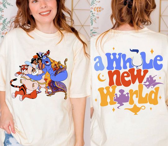 Two sided Aladdin Characters A Whole New World T-Shirt, Disney Aladdin Genie T-Shirt
