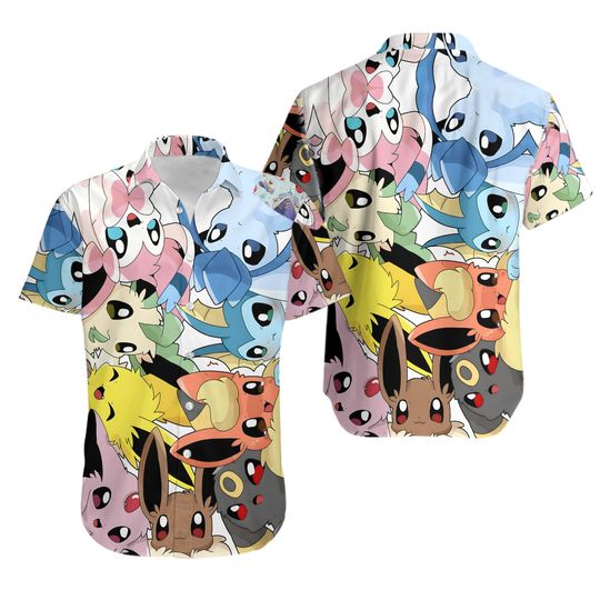 Eevee Evolution Hawaiian Shirt, 3D PKM Hawaiian Shirt, PKM Button Shirt, Anime Hawaiian Shirt, Comics Hawaiian Shirt