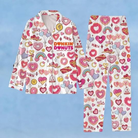 Dunkin Donut Valentine Pajamas Set, Funny Donuts Xmas Pajamas, Coffee Holiday Pajamas, Coffee Lover Pajamas, Valentine Gift