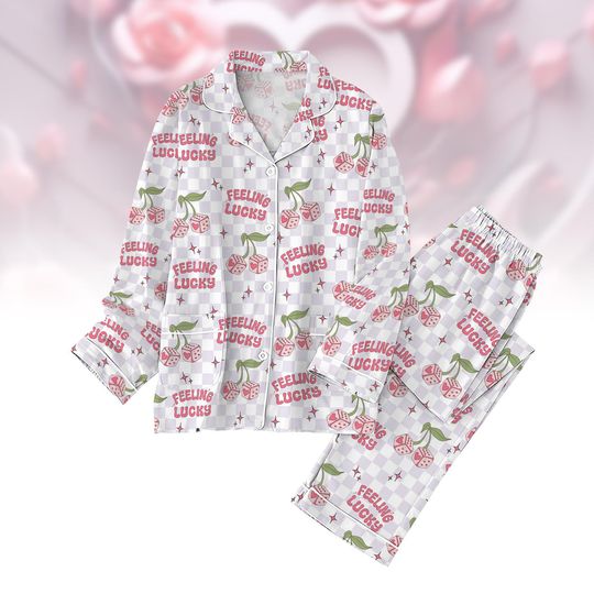 Pink Valentine Pajamas, Valentine's Pajamas Set Custom, Feeling Lucky Pajamas, Retro Heart Pajamas, Pajama Pants, Pj Sets For Women