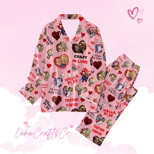 Chucky And Bride Pajamas Family, Chucky Valentine Pajamas Pants, Chucky And Tiffany Pajama Set Women, Horror Movie Holiday Pajamas